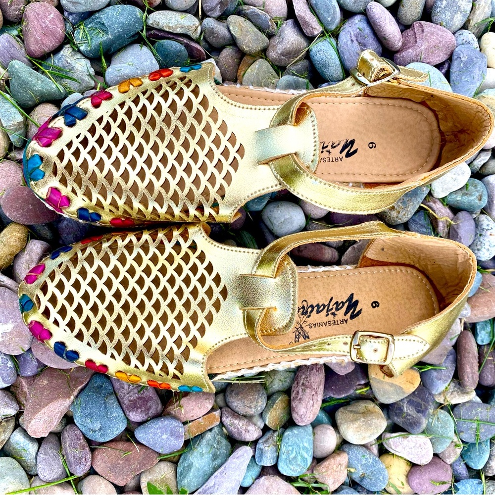 Women’s Huarache Shoes/Sandals. Shimmering Gold with Colorful Leather Sides.